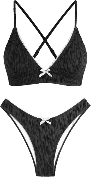 ZAFUL Women's V Neck Bikini Set High Waisted Swimsuits Lace Up Bow Decor Cheeky Two Piece Bathing Suit