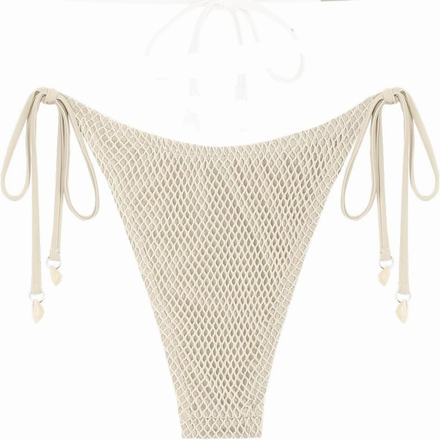 ZAFUL Bikini Bottoms for Women Fishnet Tie Side String Bathing Suit Bottoms Tanga High Cut Swimsuit Bottom
