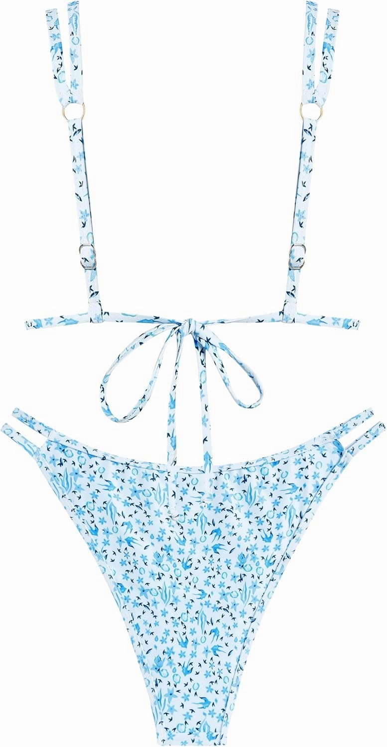 ZAFUL Women's 2 Piece Floral Print Swimsuit Triangle String High Cut Bikini Sets Bathing Suit