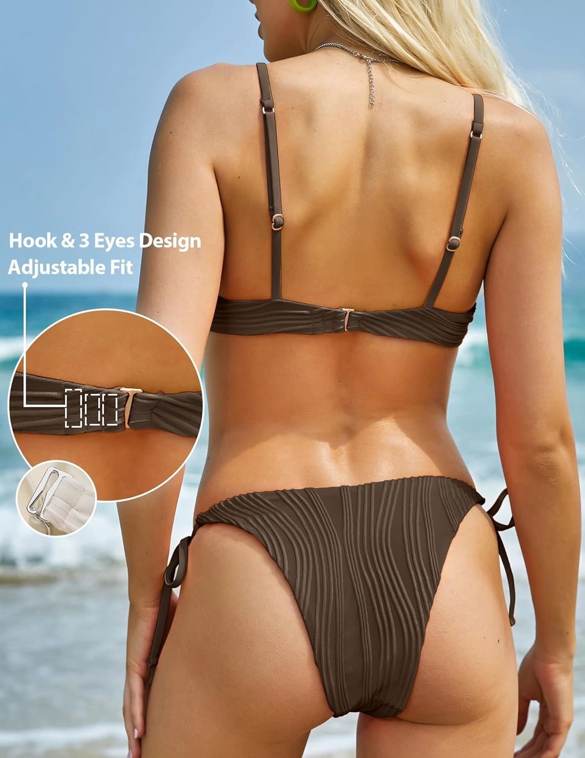 ZAFUL Women's Bikini Sets Ribbed Two Piece Swimsuits Underwire Adjustable Back Clasp Bathing Suit Side Tie Thong Swimwear