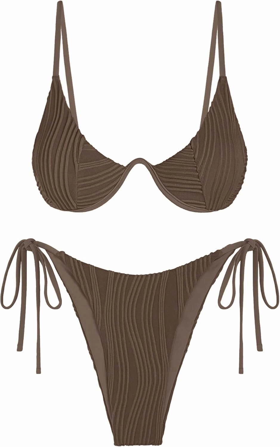 ZAFUL Women's Bikini Sets Ribbed Two Piece Swimsuits Underwire Adjustable Back Clasp Bathing Suit Side Tie Thong Swimwear