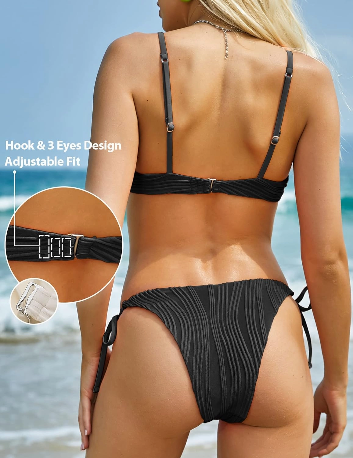 ZAFUL Women's Bikini Sets Ribbed Two Piece Swimsuits Underwire Adjustable Back Clasp Bathing Suit Side Tie Thong Swimwear