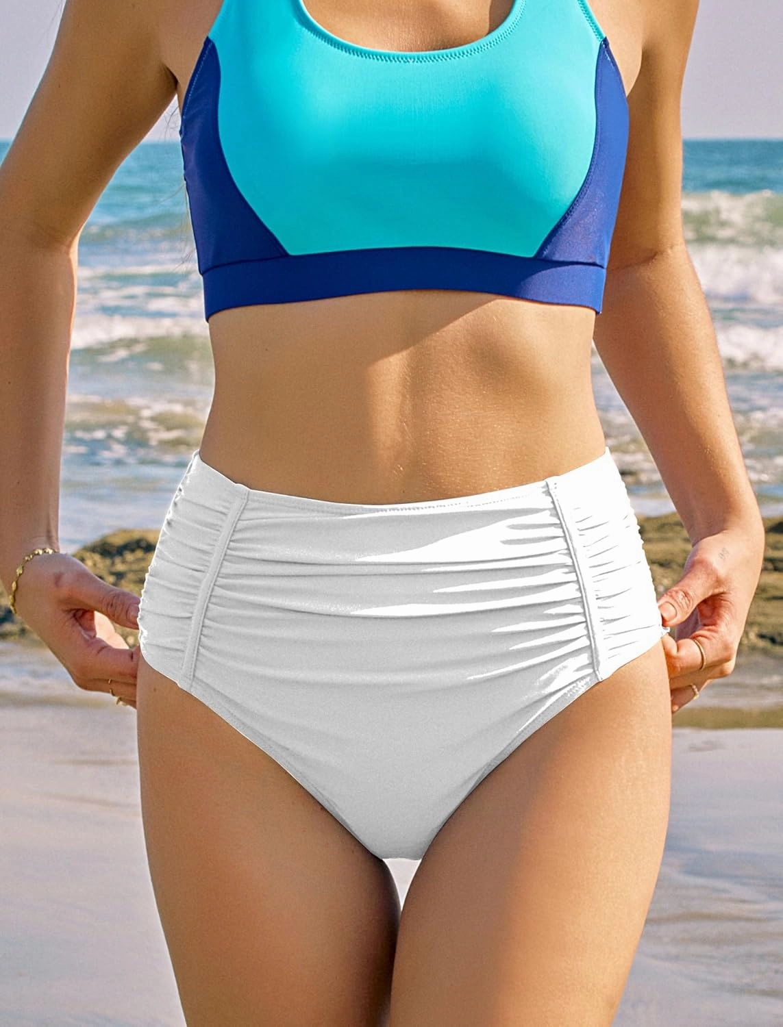 ZAFUL Women's High Waisted Bikini Bottom Tummy Control Swim Briefs Ruched Bathing Suit Vintage Tankinis Brief