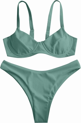 ZAFUL Women's Ribbed Underwire Bikini Set High Cut Colorblock V Notch Swimwear Printed High Leg Swimsuit