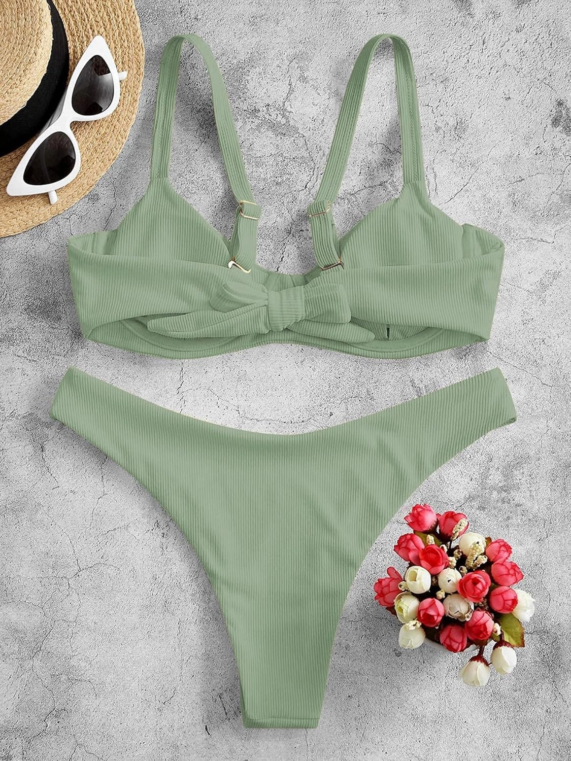 ZAFUL Women's Ribbed Underwire Bikini Set High Cut Colorblock V Notch Swimwear Printed High Leg Swimsuit