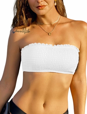ZAFUL Women Strapless Bandeau Bikini Top Ruffle Lace up Swimsuit Solid Color Bathing Suits Tube Top Only