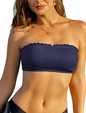 ZAFUL Women Strapless Bandeau Bikini Top Ruffle Lace up Swimsuit Solid Color Bathing Suits Tube Top Only