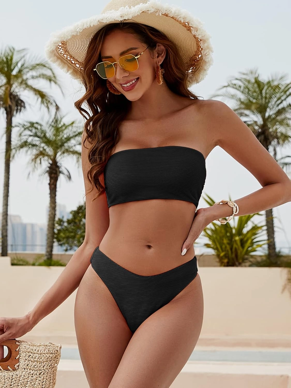 ZAFUL Women Strapless Textured Bandeau Bikini 2 Piece Swimwear Cheeky Solid Lace up Bathing Suits