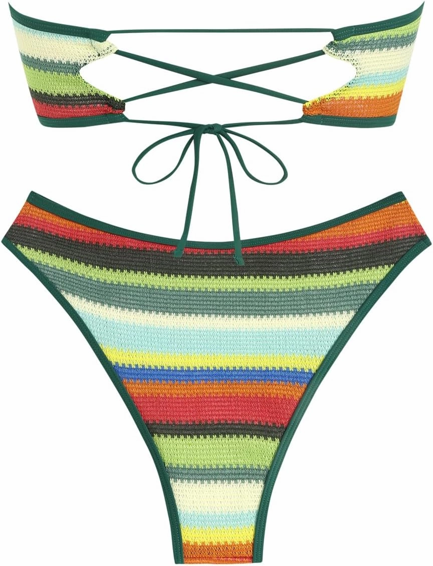 ZAFUL Women Strapless Textured Bandeau Bikini 2 Piece Swimwear Cheeky Solid Lace up Bathing Suits