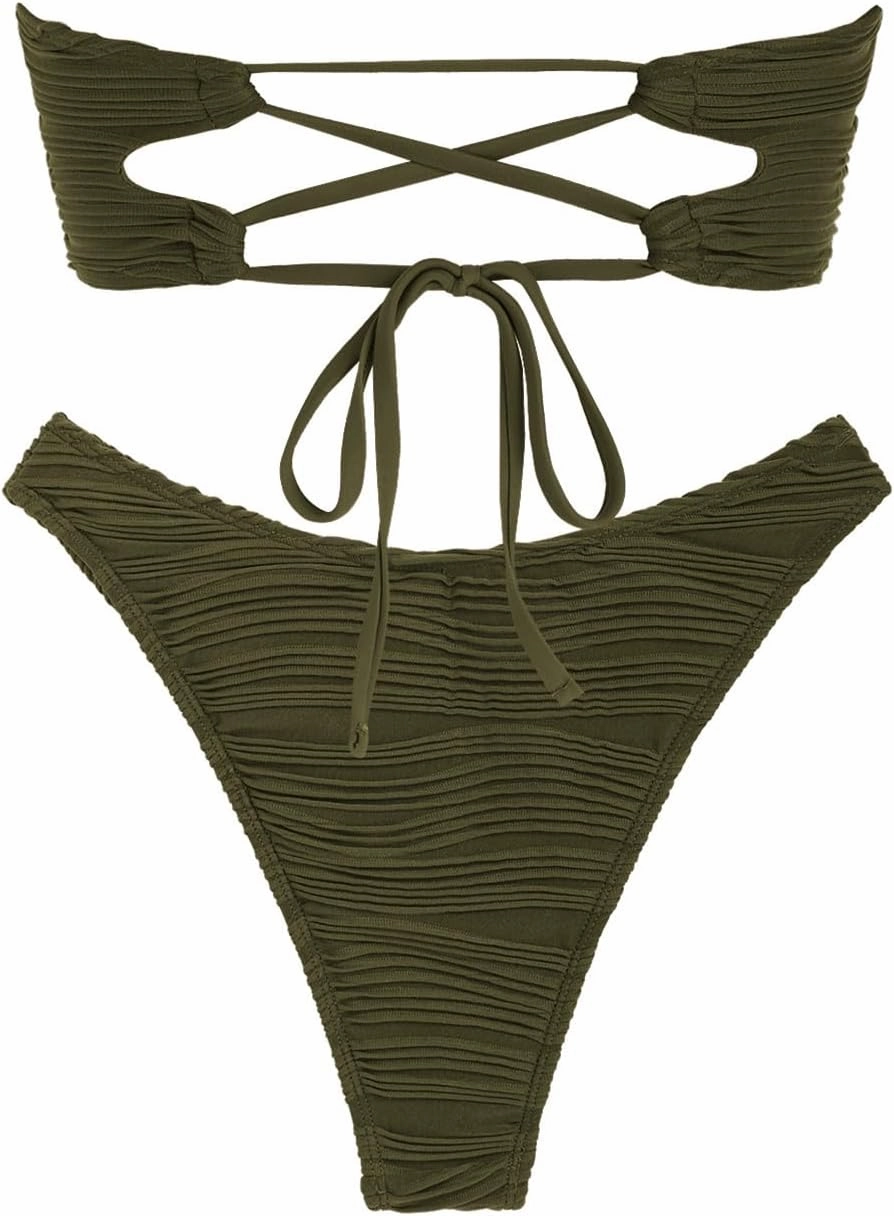 ZAFUL Women Strapless Textured Bandeau Bikini 2 Piece Swimwear Cheeky Solid Lace up Bathing Suits