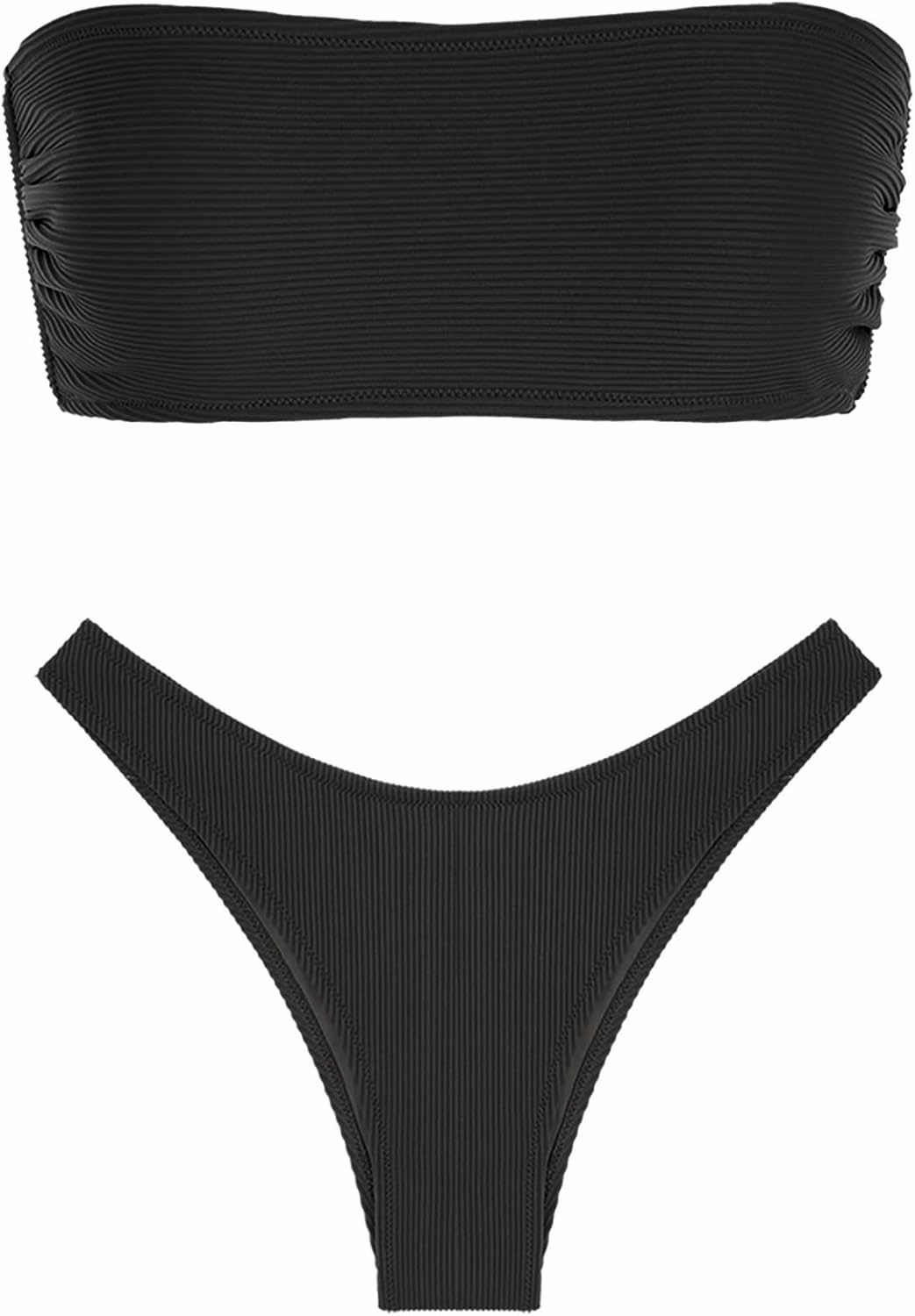 ZAFUL Women Strapless Textured Bandeau Bikini 2 Piece Swimwear Cheeky Solid Lace up Bathing Suits