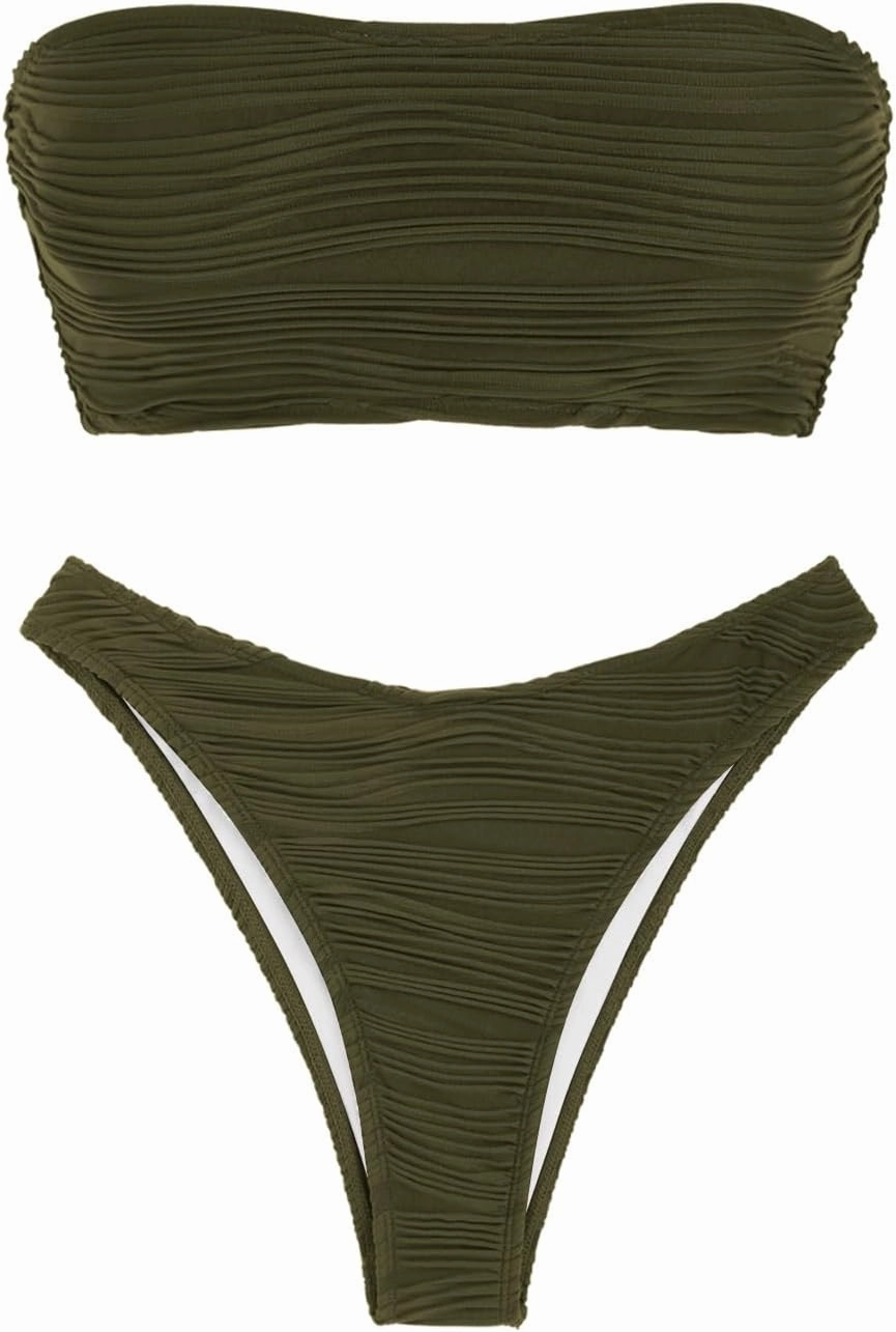 ZAFUL Women Strapless Textured Bandeau Bikini 2 Piece Swimwear Cheeky Solid Lace up Bathing Suits