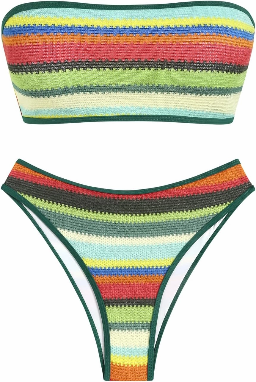 ZAFUL Women Strapless Textured Bandeau Bikini 2 Piece Swimwear Cheeky Solid Lace up Bathing Suits