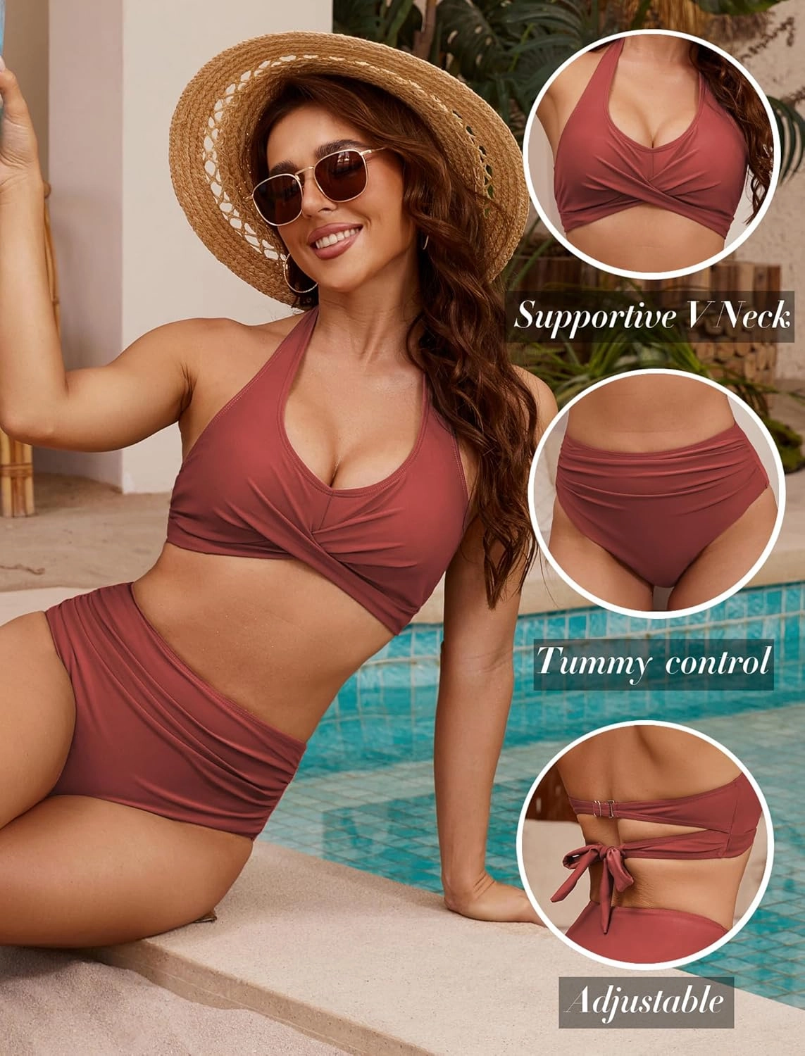 ZAFUL Womens Two Piece Swimsuit Push Up High Waisted Bikini Sets Halter V Neck Modest Bathing Suits Ruched Swimwear