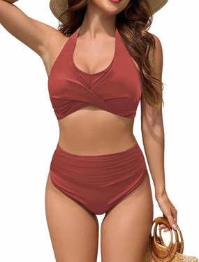 ZAFUL Womens Two Piece Swimsuit Push Up High Waisted Bikini Sets Halter V Neck Modest Bathing Suits Ruched Swimwear
