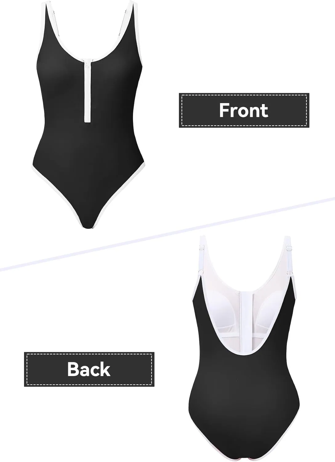 Zando Women's One Piece Swimsuit Athletic Zipper Front Bathing Suits Square Round Neck Low Back Swimwear