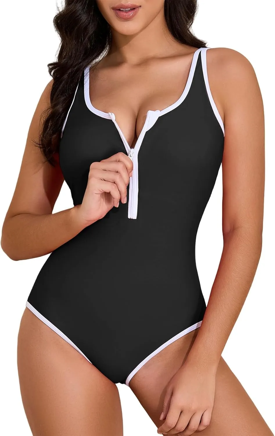 Zando Women's One Piece Swimsuit Athletic Zipper Front Bathing Suits Square Round Neck Low Back Swimwear