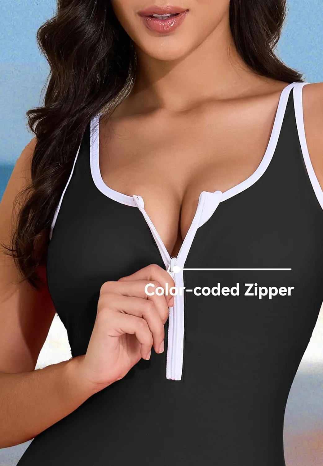 Zando Women's One Piece Swimsuit Athletic Zipper Front Bathing Suits Square Round Neck Low Back Swimwear
