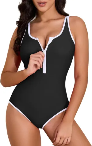Zando Women's One Piece Swimsuit Athletic Zipper Front Bathing Suits Square Round Neck Low Back Swimwear