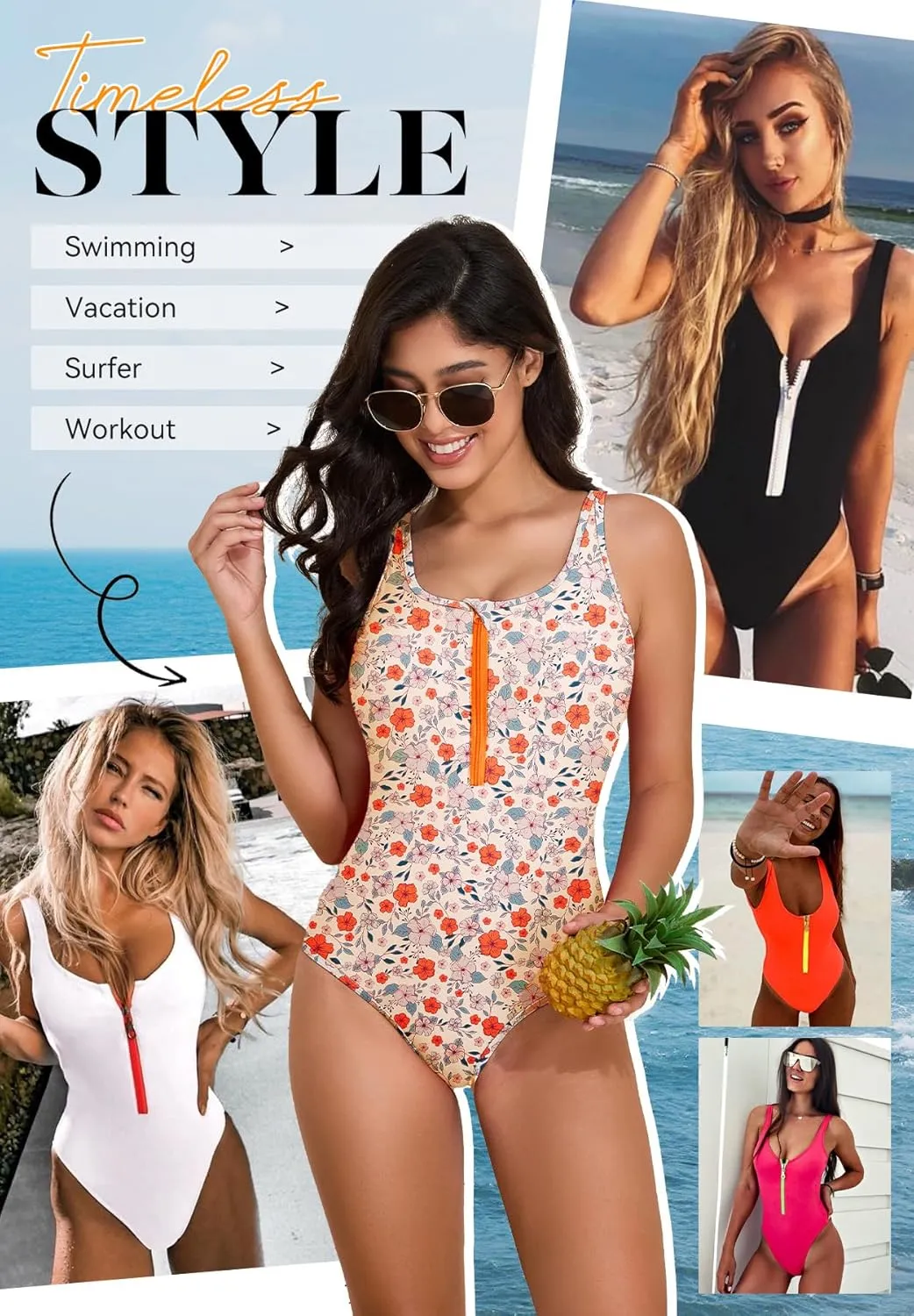 Zando Women's One Piece Swimsuit Athletic Zipper Front Bathing Suits Square Round Neck Low Back Swimwear