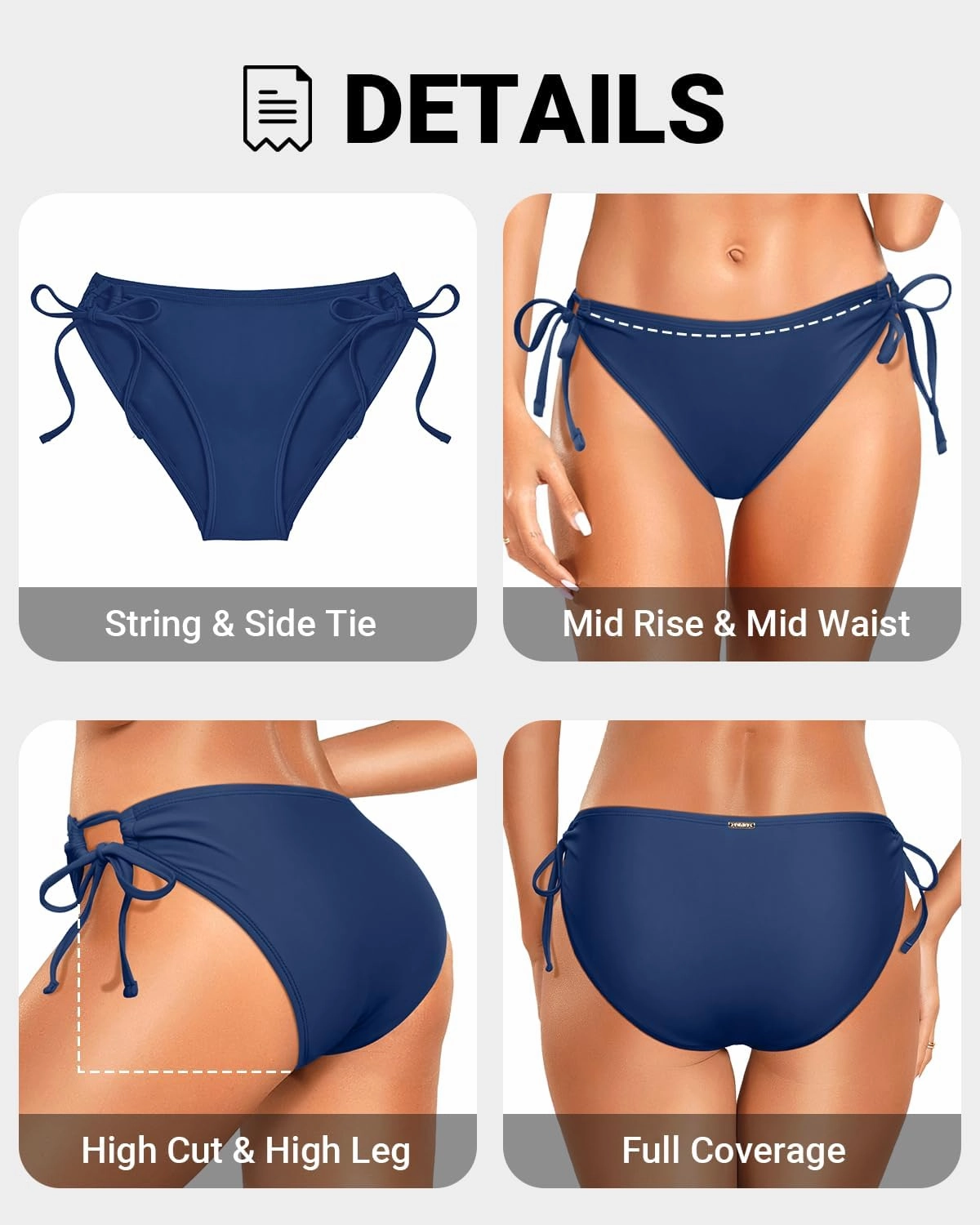 Zmart String Tie Side Bikini Bottoms - Women Full Coverage Swimsuit Bottom Mid Rise Mid Waist Swim Bathing Suit Bottom