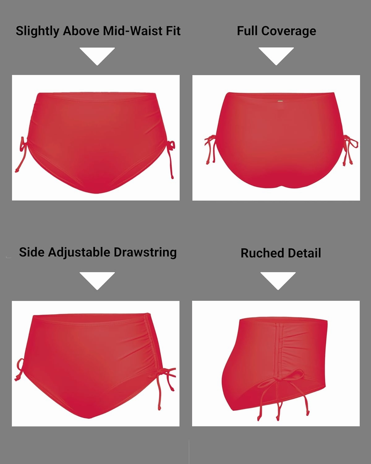 Zmart Women Full Coverage Bikini Bottom Adjustable Side Tie Swim Bottom with Side Ruched Mid Rise Bathing Swimsuit