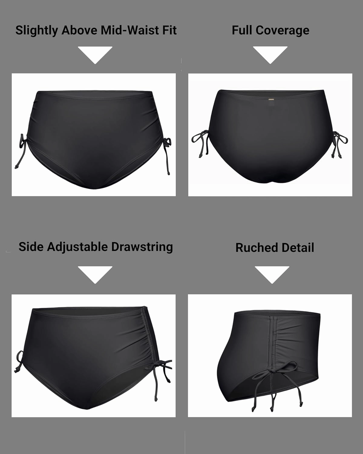 Zmart Women Full Coverage Bikini Bottom Adjustable Side Tie Swim Bottom with Side Ruched Mid Rise Bathing Swimsuit