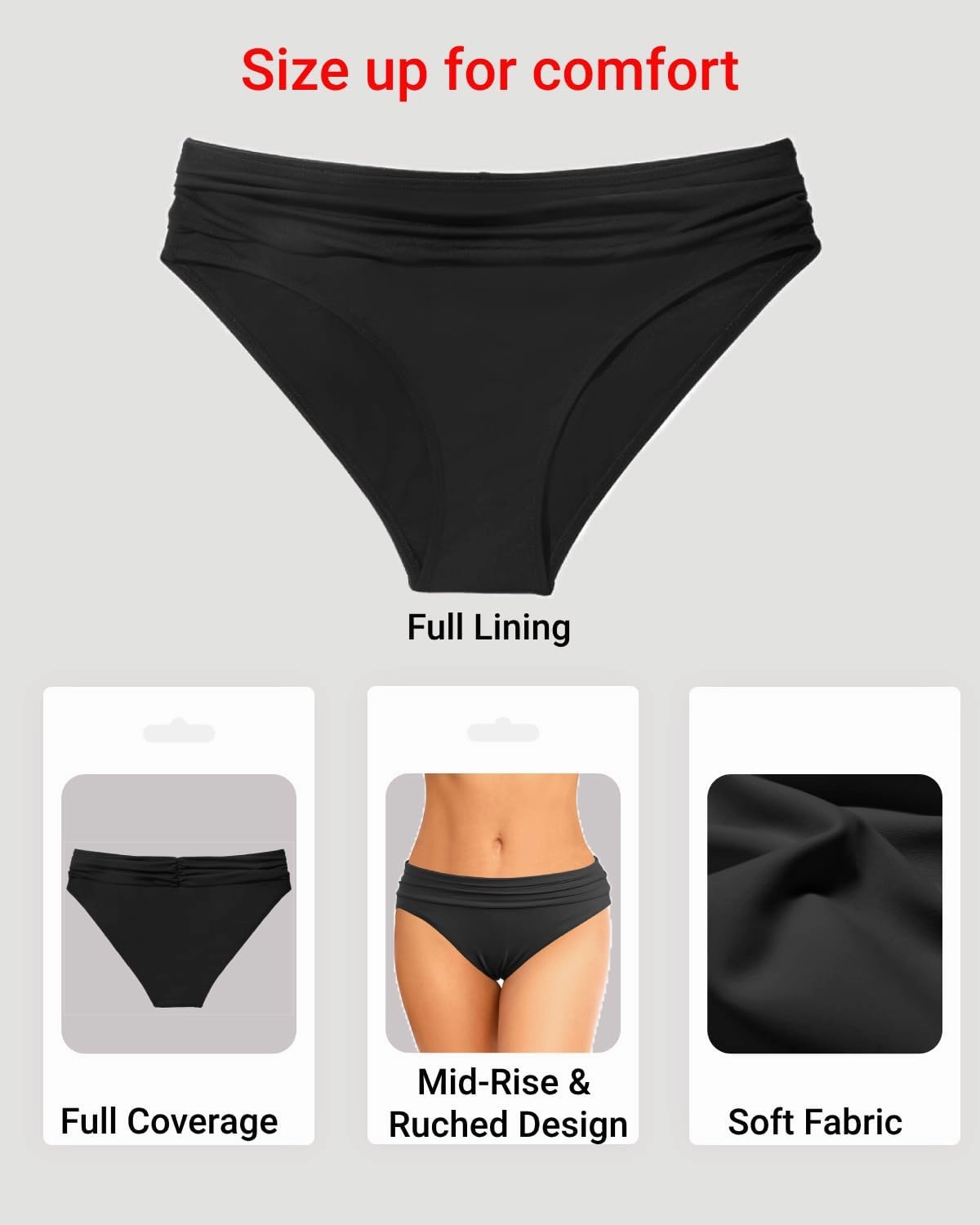 Zmart Women Full Coverage Ruched Bikini Bottoms Tummy Control Swim Bottoms Scrunch Ruffle Bathing Suit Bottom