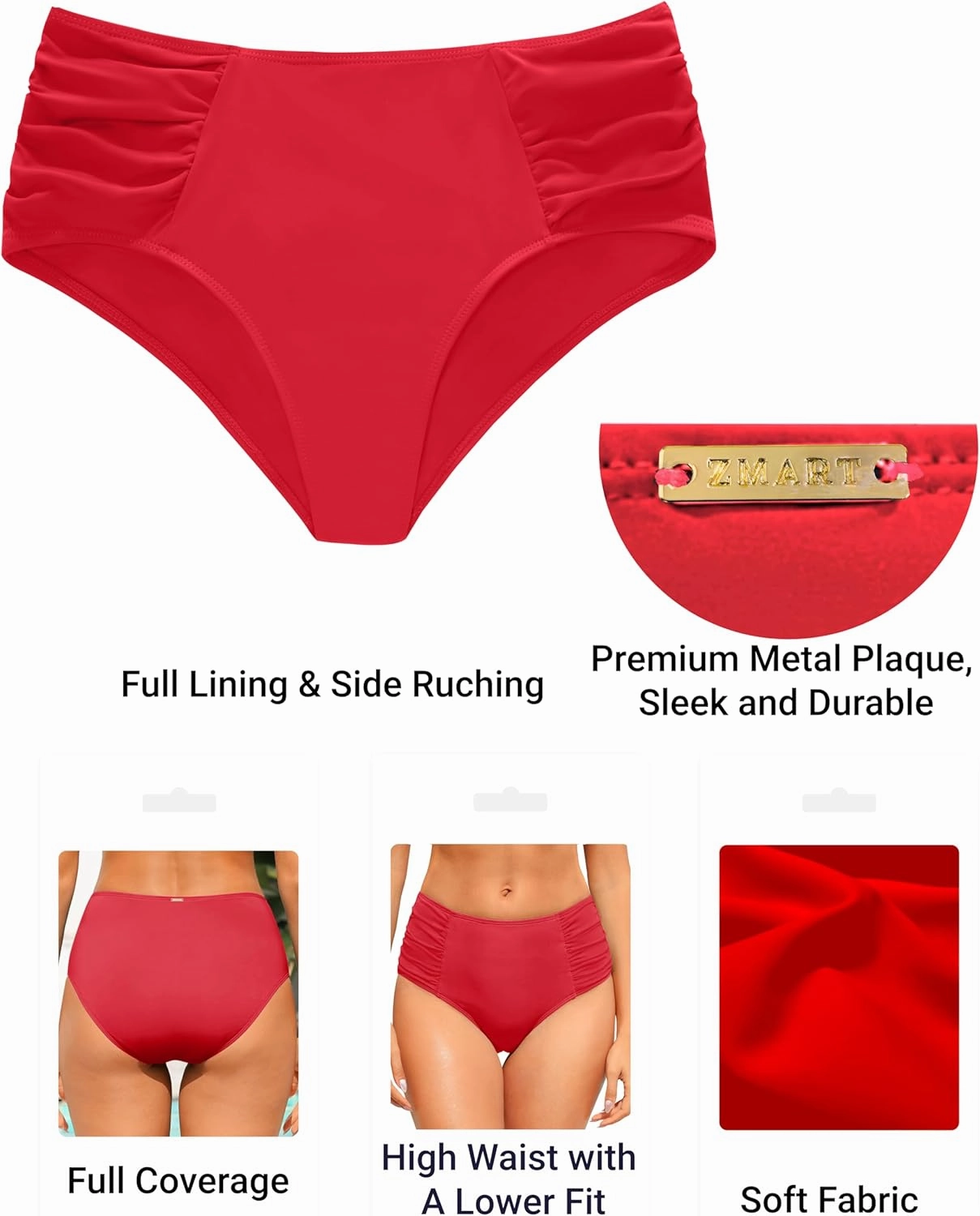Zmart Women High Waist Bikini Bottoms - Full Coverage Ruched Bathing Suit Swim Bottom Swimsuits Swimwear