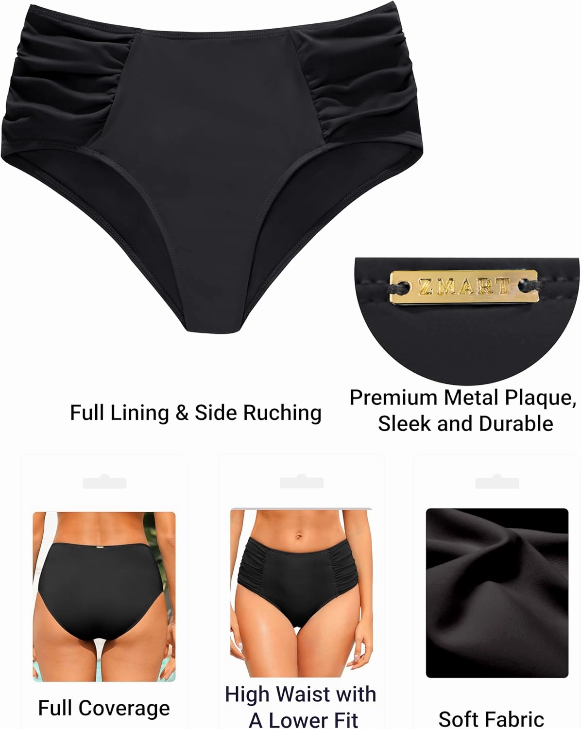 Zmart Women High Waist Bikini Bottoms - Full Coverage Ruched Bathing Suit Swim Bottom Swimsuits Swimwear