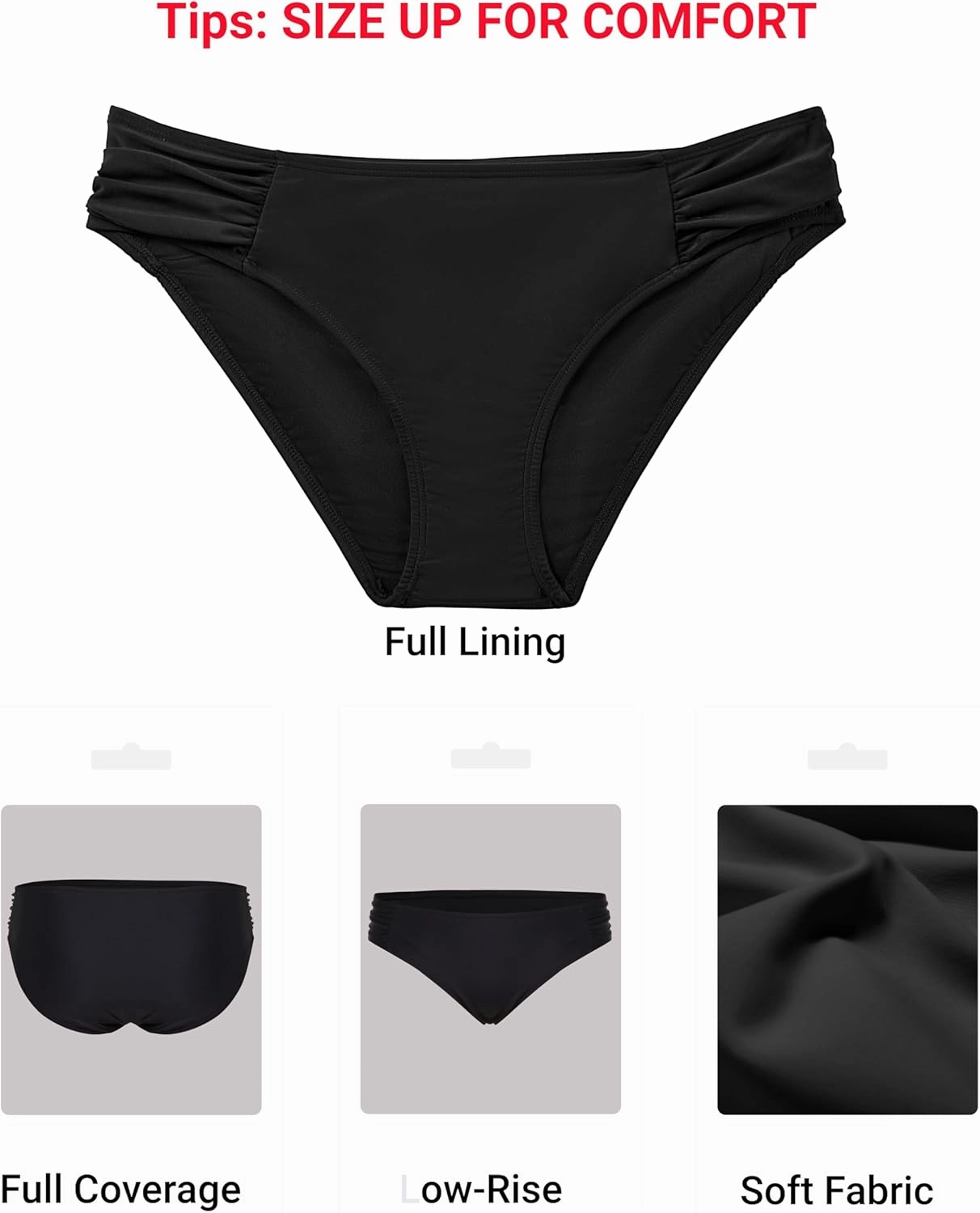 Zmart Women Low Rise Bikini Bottoms - Full Coverage Ruched Bathing Suit Swim Bottom Swimsuits Swimwear