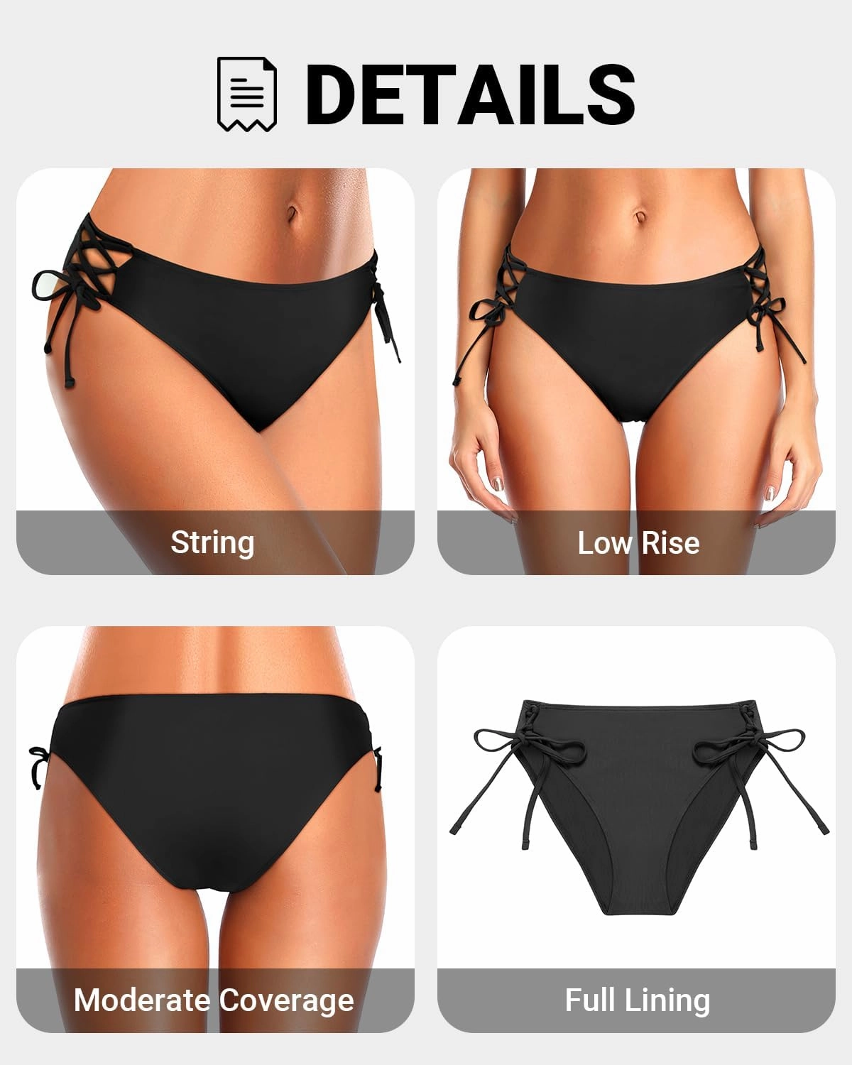 Zmart Women Low Waisted Bikini Bottoms - String Tie Side Bathing Suit Moderate Coverage Swim Bottom