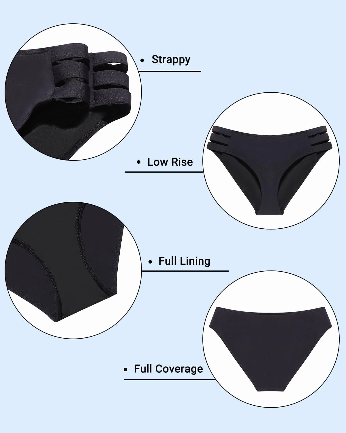 Zmart Women Standard Strappy Bikini Bottoms Full Coverage Bathing Suit Cutout Swim Low Rise Swimsuit Bottom