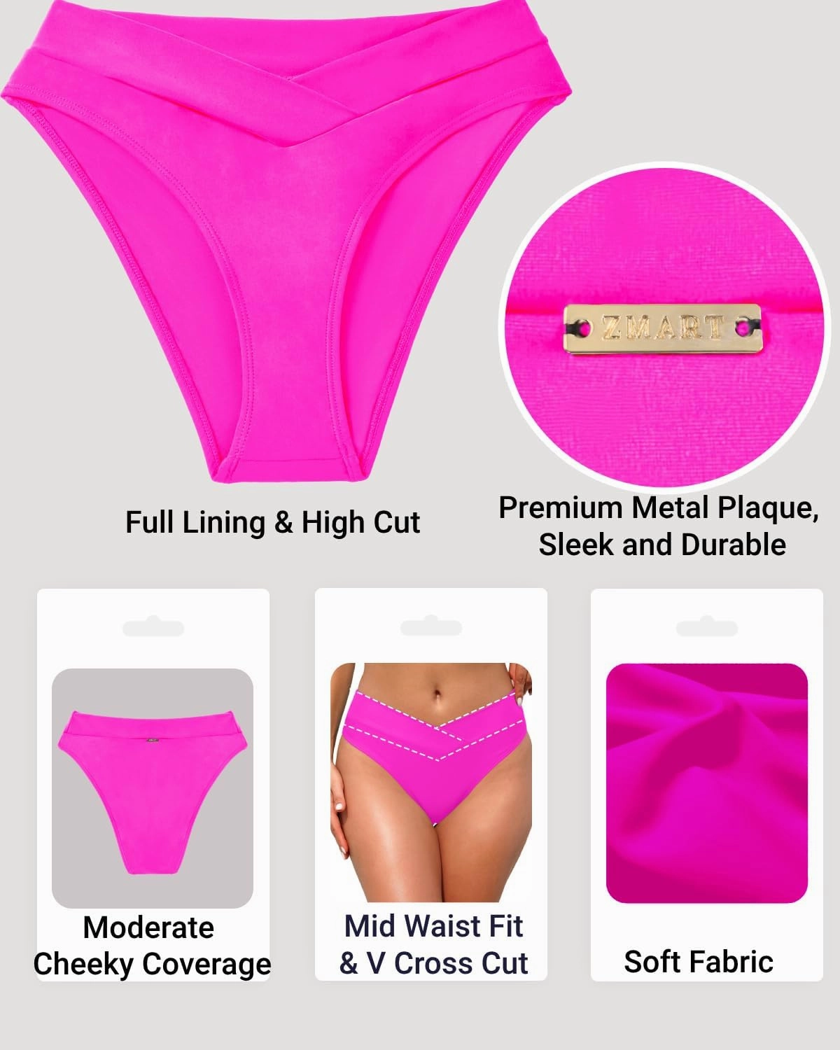 Zmart Women V Cut Cheeky Bikini Bottom - High Cut Bathing Suit Bottom Mid Rise Swim Bottoms Swimsuit