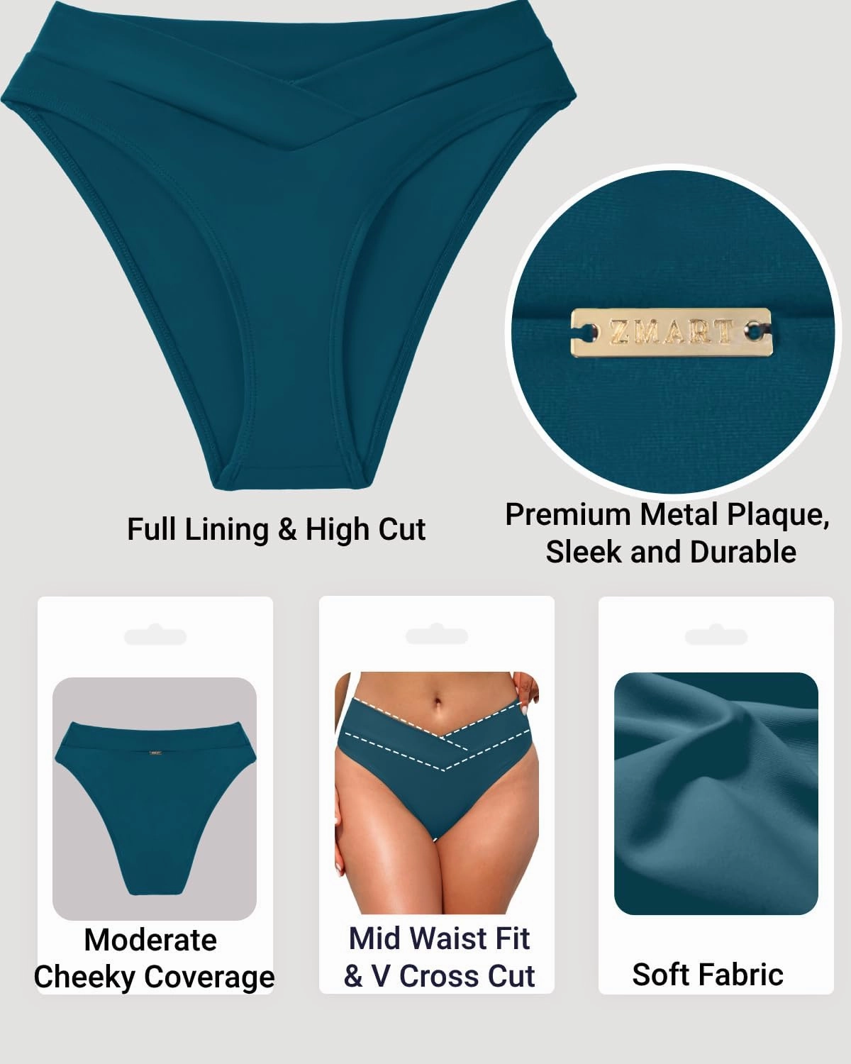 Zmart Women V Cut Cheeky Bikini Bottom - High Cut Bathing Suit Bottom Mid Rise Swim Bottoms Swimsuit