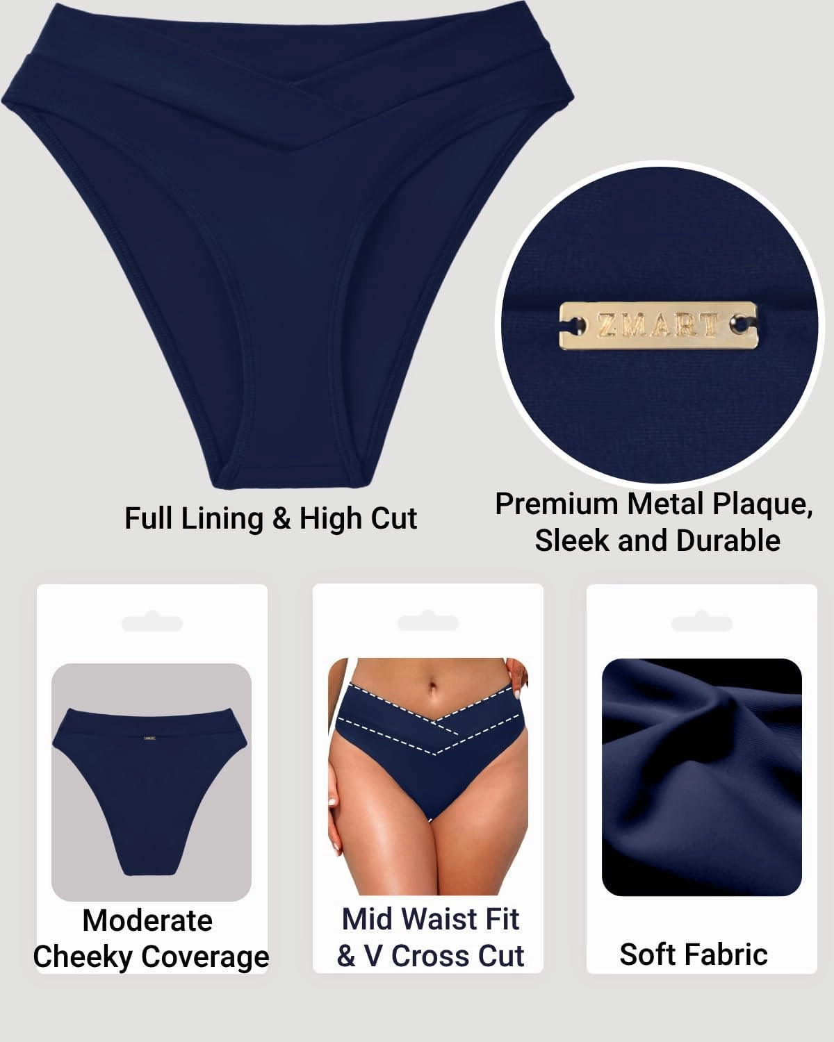 Zmart Women V Cut Cheeky Bikini Bottom - High Cut Bathing Suit Bottom Mid Rise Swim Bottoms Swimsuit