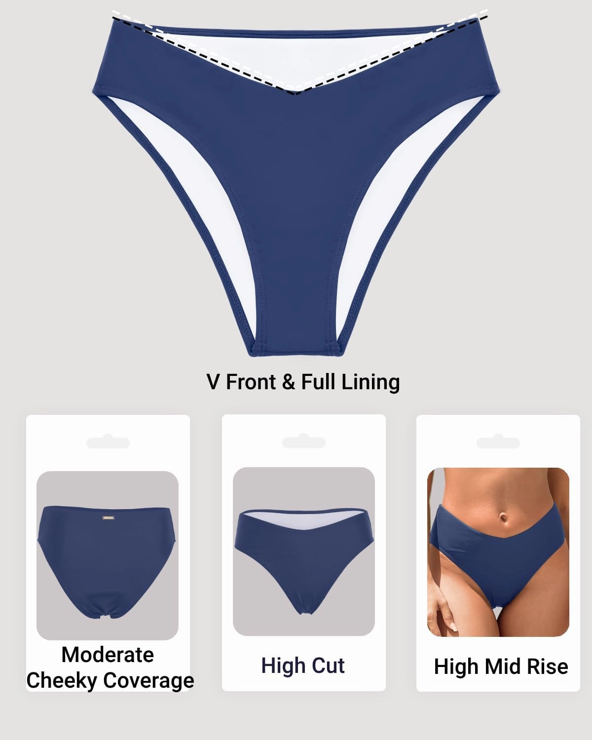 Zmart Women V Cut Cheeky Bikini Bottoms - Mid Waist High Cut Swim Bathing Suit Bottoms V Front Swimsuit