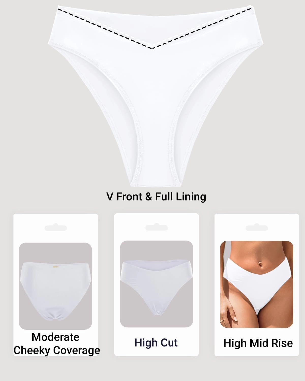 Zmart Women V Cut Cheeky Bikini Bottoms - Mid Waist High Cut Swim Bathing Suit Bottoms V Front Swimsuit