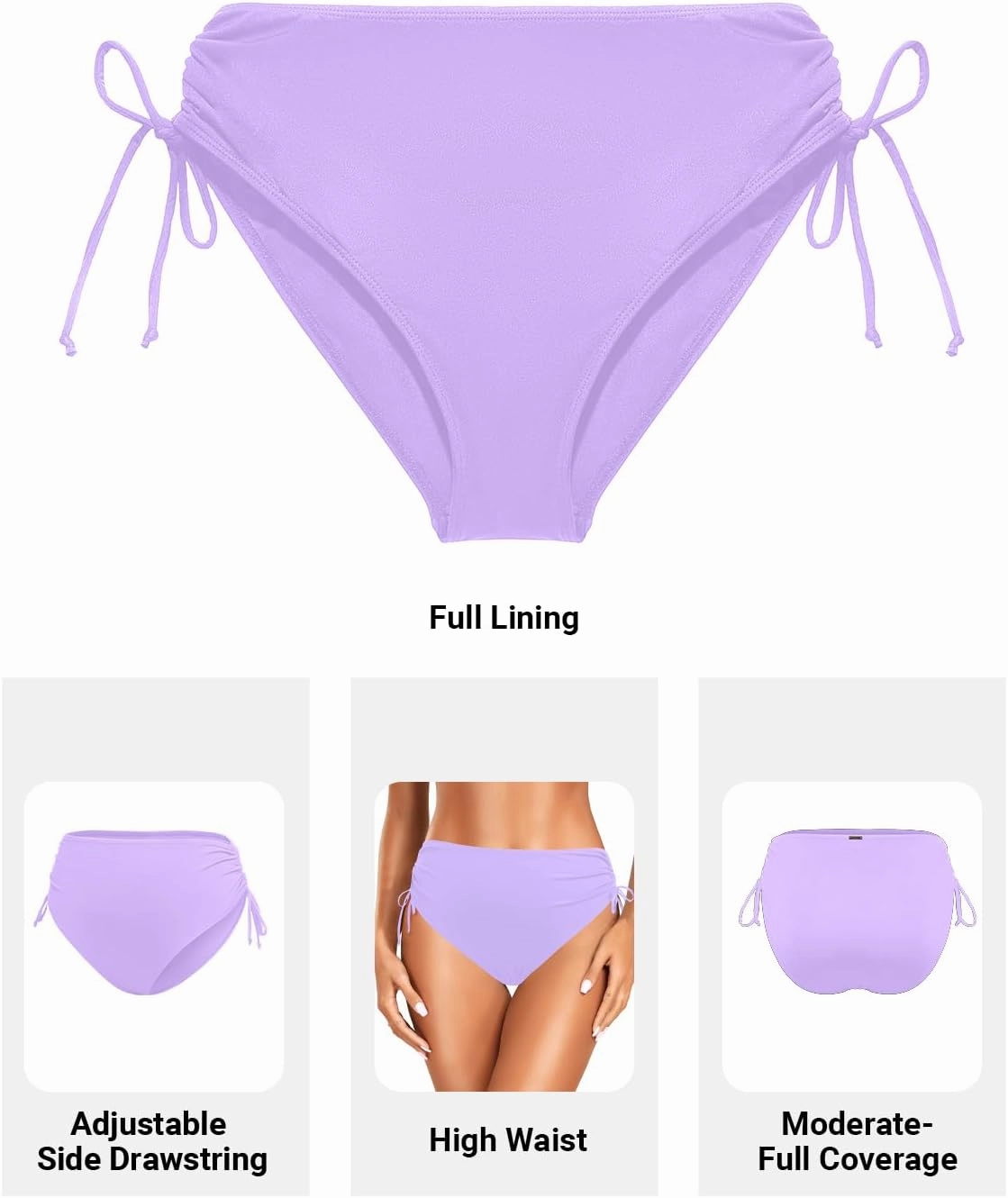 Zmart Womens High Waist Bikini Bottoms - Tie Side Full Coverage Bathing Suit Bottom String Swimsuit