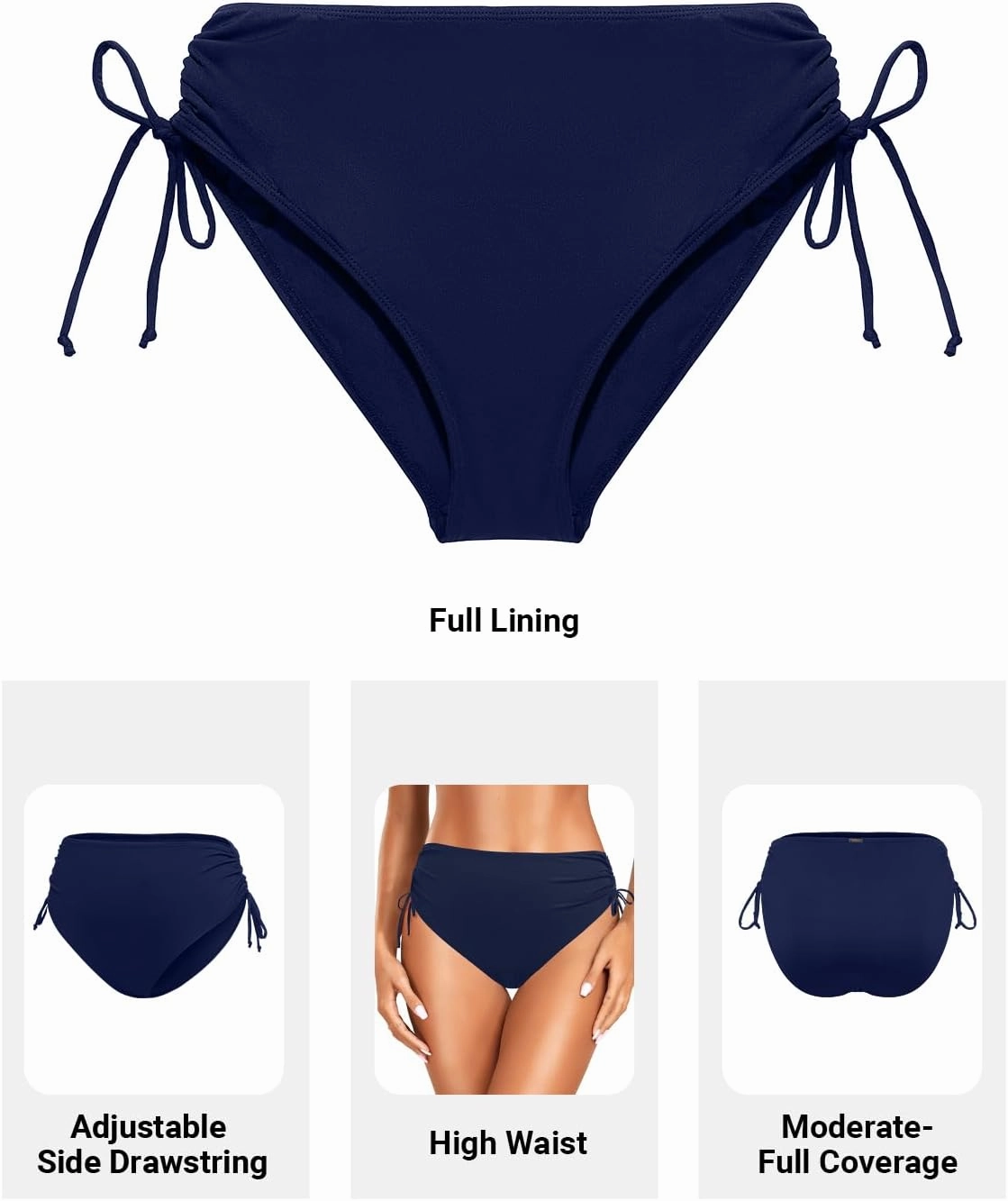 Zmart Womens High Waist Bikini Bottoms - Tie Side Full Coverage Bathing Suit Bottom String Swimsuit